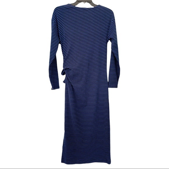 MELLODAY Faux Wrap Navy Stripe Midi Dress - Small - Picture 2 of 4